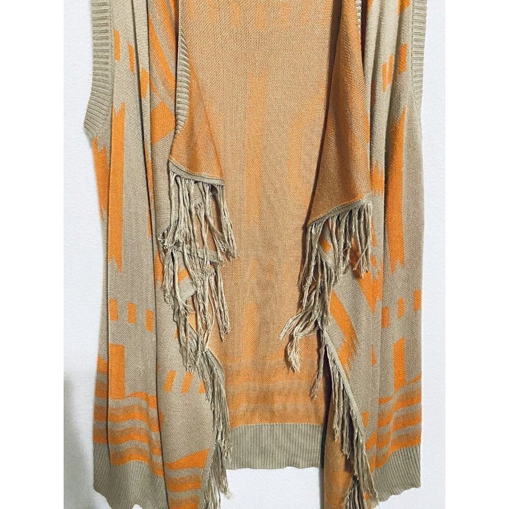 Umgee Womens Small Medium Sleeveless Tribal Fringe Sweater Vest Tan Orange Boho - Picture 2 of 7